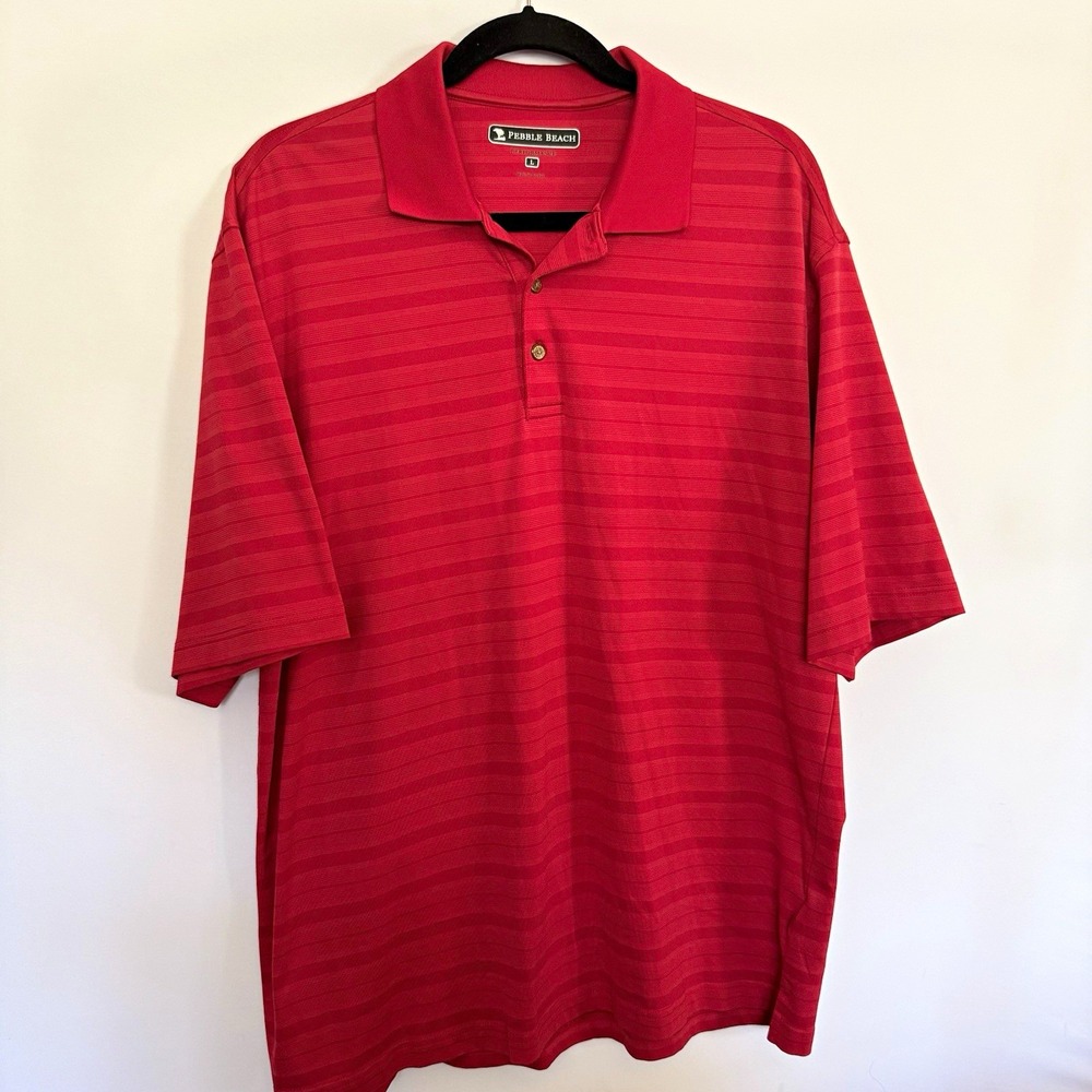 Pebble Beach Performance Men's Red Striped Short Sleeve Button Polo Shirt L